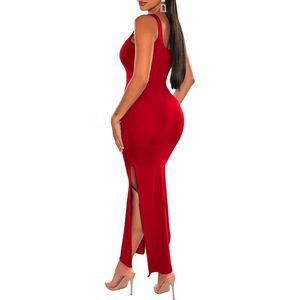 NEW Women's Long Red Slinky Dress Bodycon Sleeveless Side Slit Red Size MEDIUM